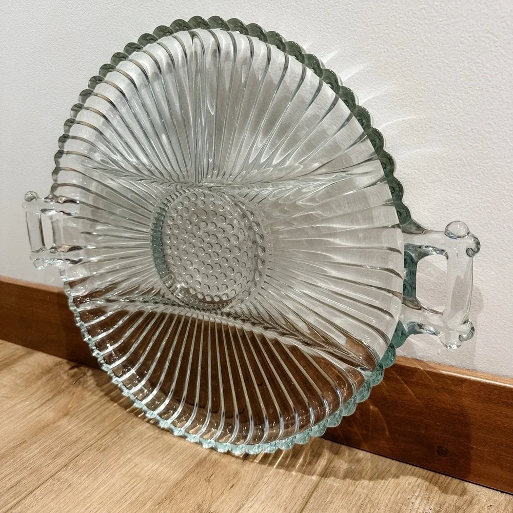 Vintage Clear Glass‎ Divided Serving Tray with Handles - 12